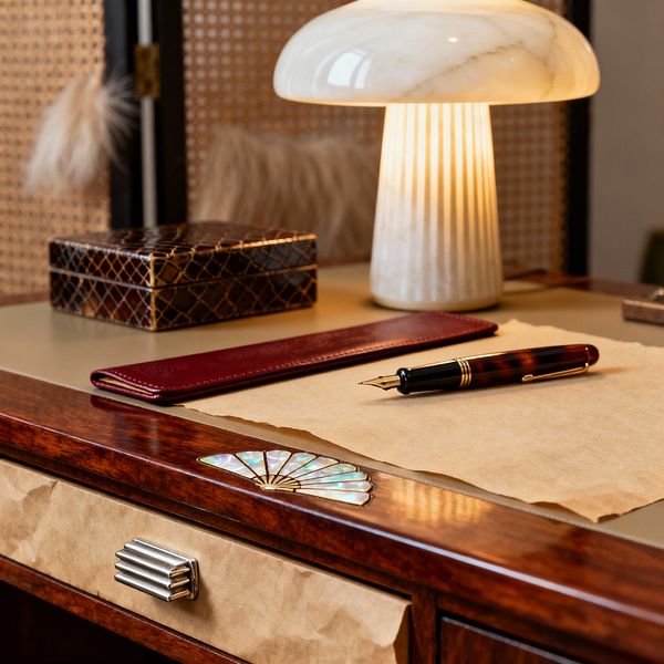 Close-up of an Art Deco home office desk showing a polished walnut surface with a taupe leather writing inset. A mother-of-pearl fan inlay decorates the drawer edge, paired with a stepped chrome pull. On the blotter lie a sheet of paper, a burgundy leather pen sleeve, and a marbled fountain pen with gold bands. A dome alabaster lamp with a fluted base glows warmly beside a lacquer box with a gold lattice pattern, set against a black-framed cane screen.