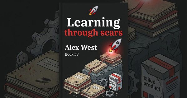A book cover design featuring the title 'Learning through scars' by Alex West.