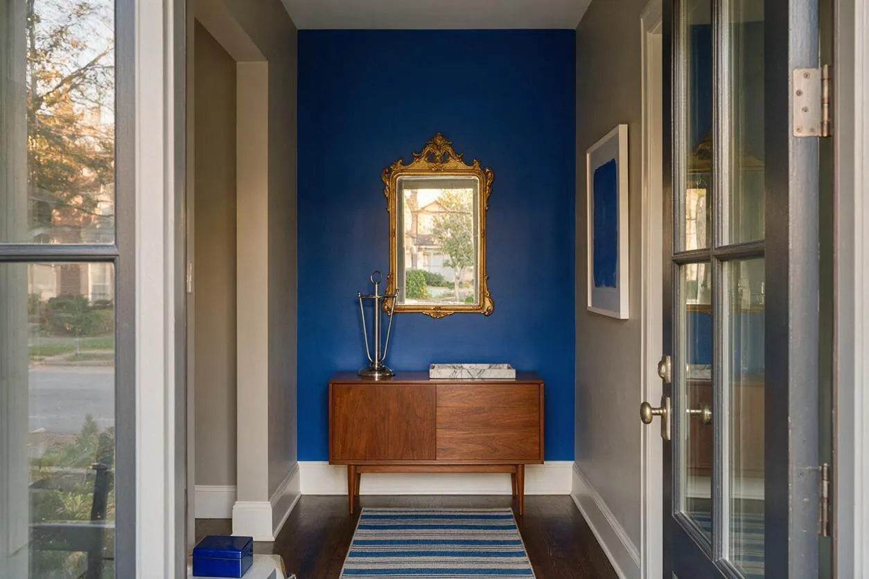 A narrow entryway with a vivid royal blue accent wall, a gold ornate mirror centered above a mid-century wooden console, and a striped blue rug on dark wood floors. Gray walls, white trim, and glass-paneled doors frame the space, with a small decorative sculpture and tray on the console.