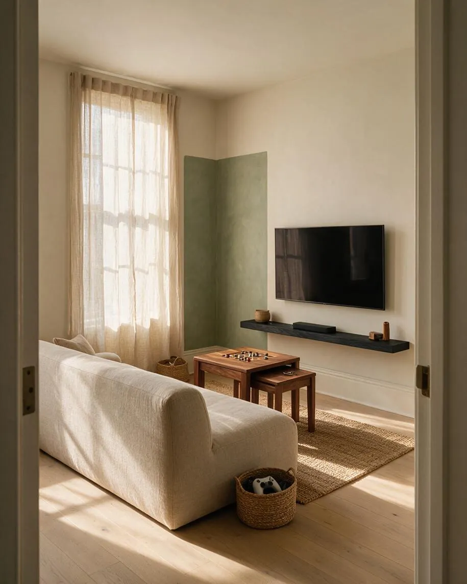 A calm Japandi-style game room with a cream sofa, a small wooden game table, a wall-mounted TV on a slim black shelf, and a tall window dressed in sheer curtains. Natural light fills the room, highlighting the light wood floor, woven rug, green accent wall, and simple baskets.