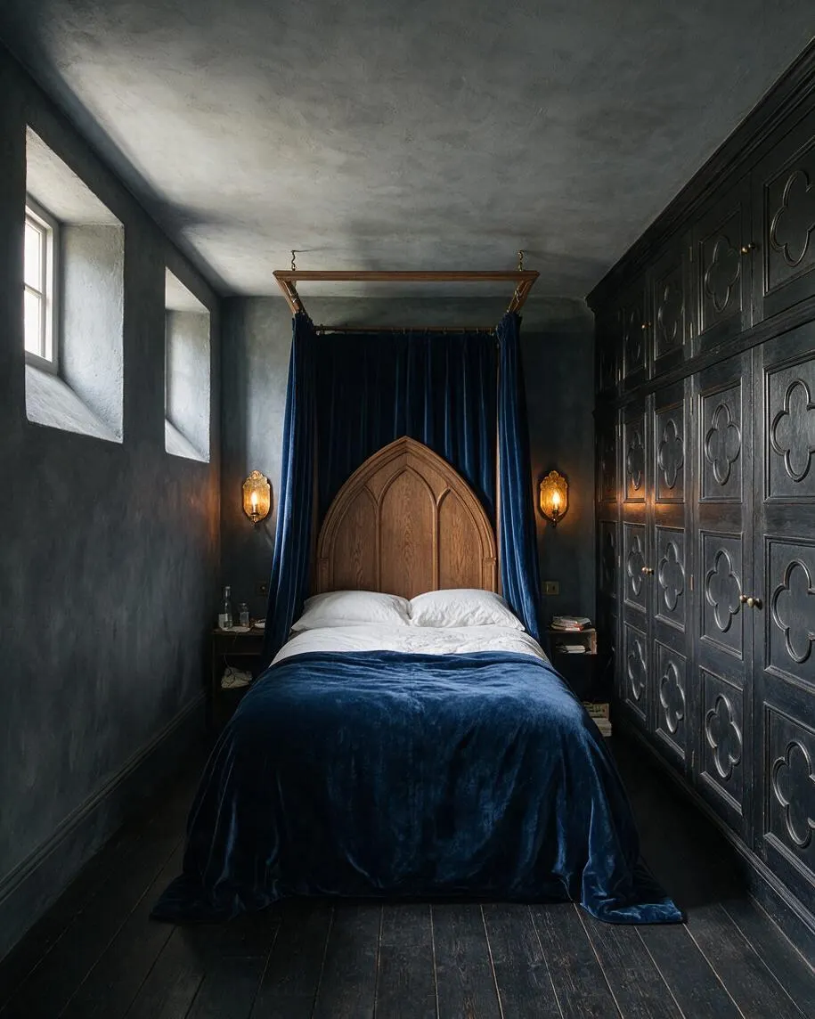 A narrow basement bedroom with dark painted walls, a pointed wooden headboard framed by deep blue velvet curtains, and a bed covered in a matching blue velvet throw. Small high windows bring in soft daylight, while warm wall sconces and ornate black cabinetry with carved panels create a dramatic Gothic atmosphere.