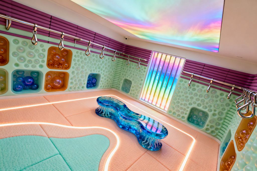 Color-saturated mudroom with mint bubble-textured walls and recessed compartments holding translucent spheres, lined on all sides by lavender padded rails with stainless hooks for bags and coats. A rainbow backlit ceiling and iridescent window illuminate cushioned peach and aqua floor panels with curved LED strips, centered by a wavy electric-blue resin bench resembling jellyfish.