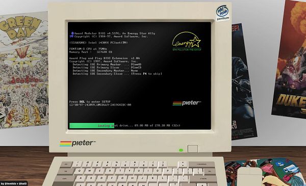A vintage computer setup displaying a BIOS screen with various posters in the background.