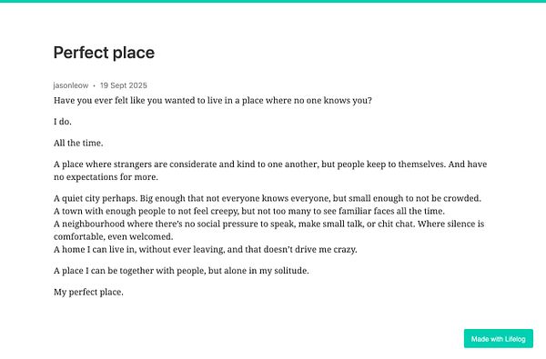 A reflective post about the ideal living environment, emphasizing solitude and community balance.