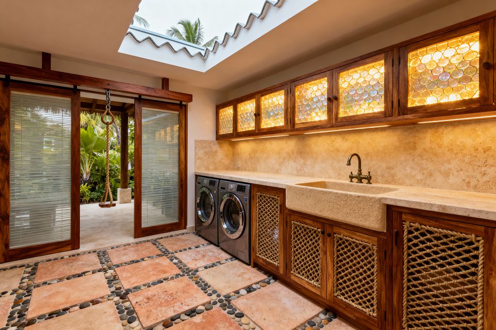 A tropical-style laundry room features a long run of teak cabinets with backlit capiz shell upper doors and woven rope lower panels, topped with a travertine countertop and a carved stone farmhouse sink with a brass faucet. A terracotta floor inlaid with river-rock pebbles leads to wood-framed sliding glass doors that open to lush greenery, while a large skylight and under-cabinet lighting illuminate stainless front-load washer and dryer units.