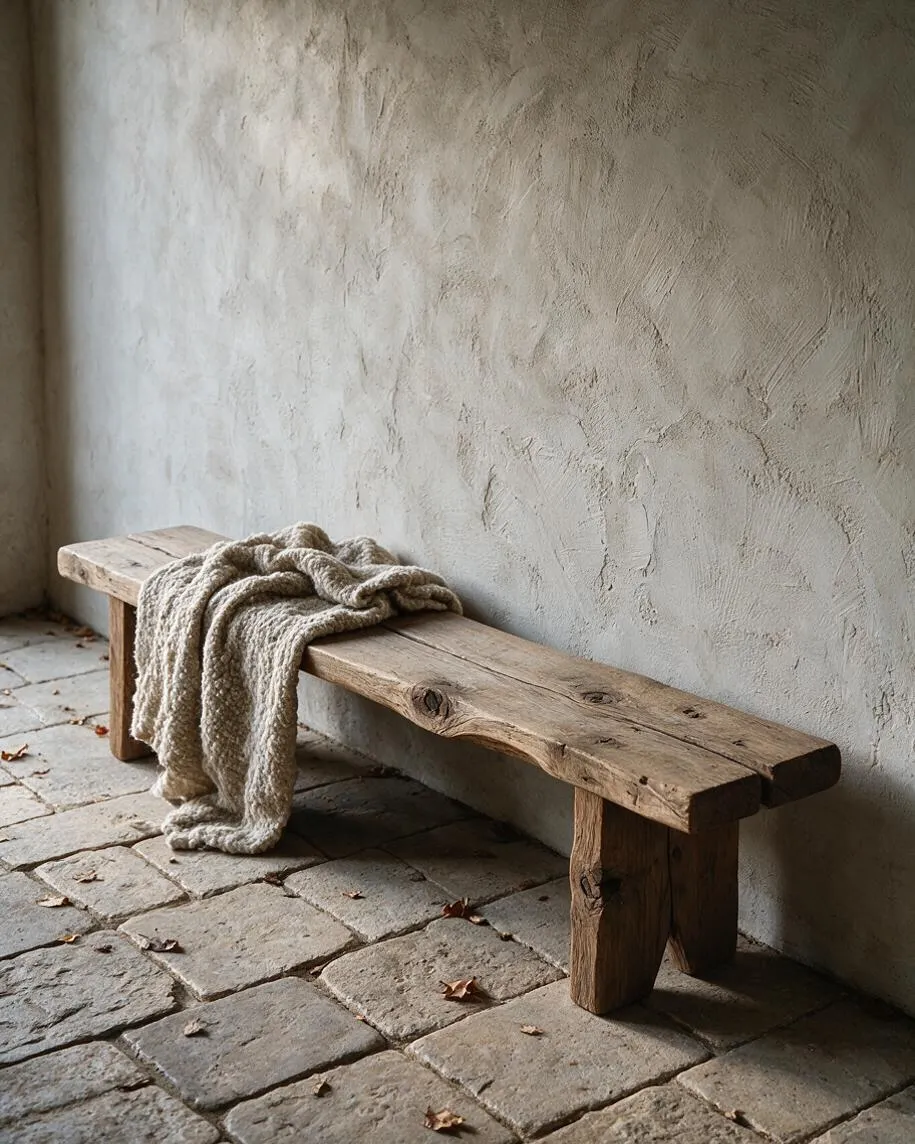 A rustic outdoor bench made from thick reclaimed wood sits against a softly textured plaster wall. A chunky neutral knit blanket is draped over the bench, and the floor is paved with worn stone tiles scattered with a few dry leaves.