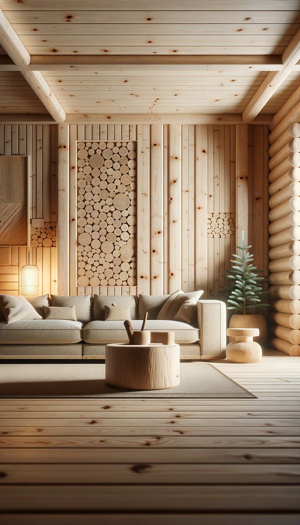A cozy, softly lit living room featuring furnishings made of pine wood, accentuated by cedar paneling on the walls and a spruce wooden beam across the ceiling.