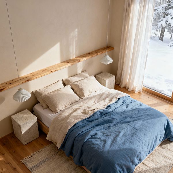 Minimal Scandinavian bedroom with a low wooden platform bed made with beige linen sheets and pillows and a dusty blue duvet. Two white pleated pendant lights hang over chunky stone cube nightstands, and a narrow live-edge pine shelf spans the wall as a headboard. Warm beige walls, knotty pine floor, a flatweave rug, and sheer linen curtains frame a floor-to-ceiling window with snowy trees outside, filling the space with soft natural light.