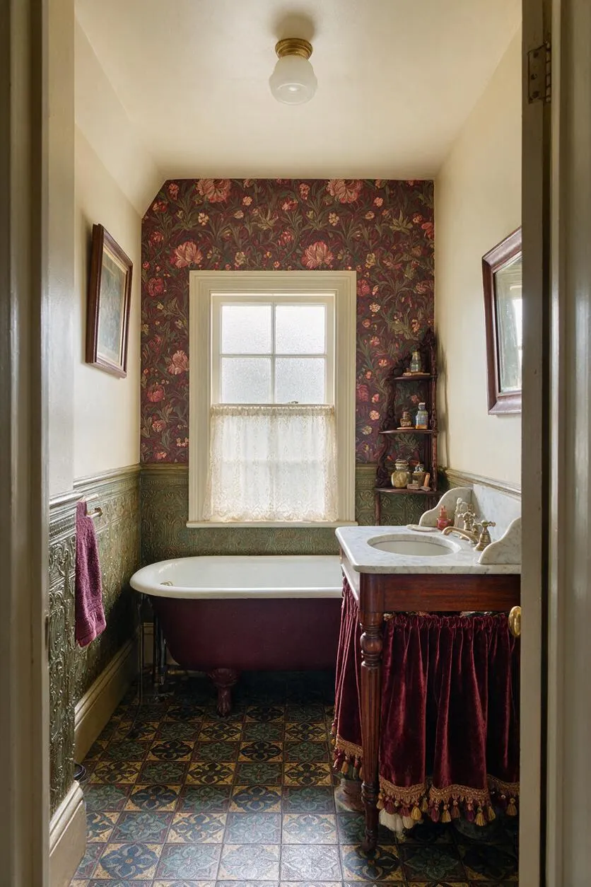 A narrow Victorian-style master bathroom with dark floral wallpaper on the far wall, cream walls above decorative green embossed wainscoting, and a patterned tile floor. A burgundy clawfoot tub sits beneath a frosted window, while a marble-topped wood vanity with a gathered velvet skirt occupies the right side.