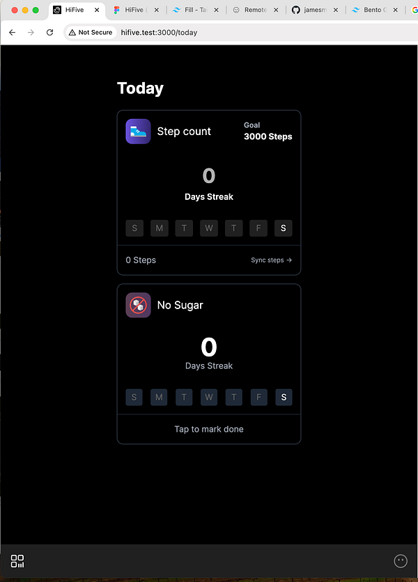 The image displays a web app interface showing a daily tracking dashboard for steps and sugar intake.