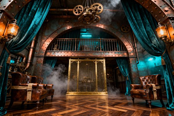 A steampunk media room features riveted copper arches, exposed pipes, and a suspended chandelier made of gears over a central brass-mesh enclosure, with a metal mezzanine rail above. Floor-to-ceiling teal velvet curtains frame cognac tufted leather armchairs on a glossy herringbone wood floor, while warm cage sconces and cool cyan uplights illuminate drifting steam for a theatrical, industrial-Victorian setting.