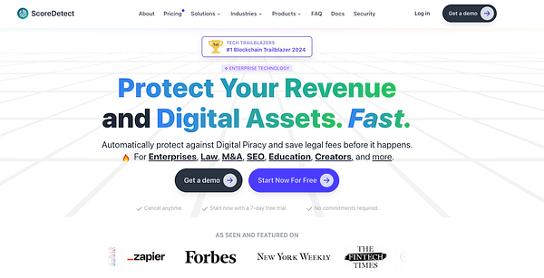 The image displays the homepage of ScoreDetect, emphasizing their enterprise services for digital asset protection.