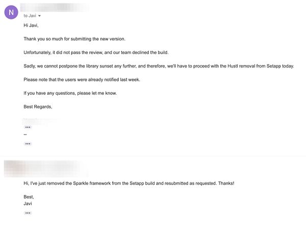The image displays an email conversation regarding the resubmission of an app called Hustl to Setapp.