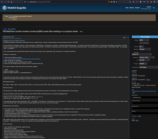 Screenshot of the WebKit bug report submission form with a description of a DOM Exception 18 error in extended attributes.