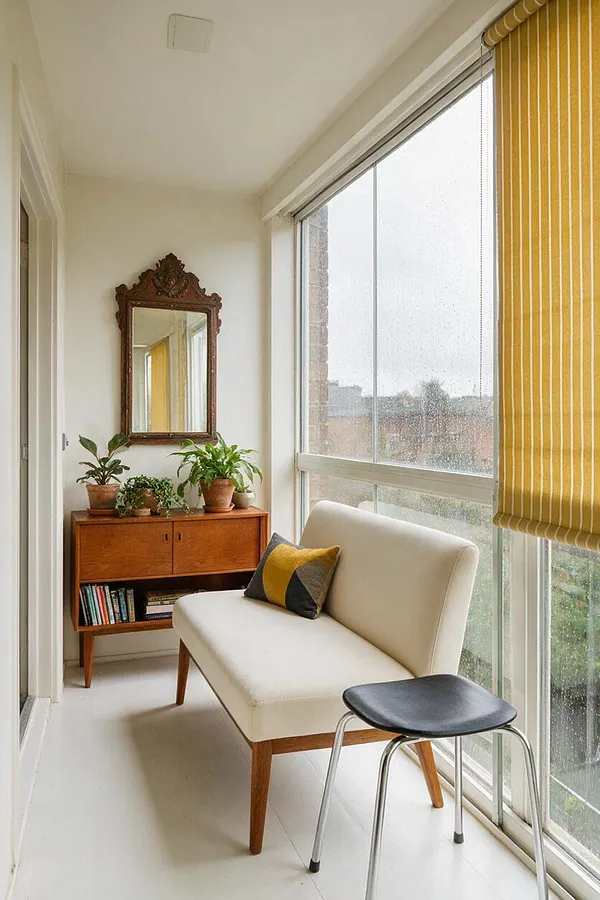 A narrow sunroom with large floor-to-ceiling windows, a cream upholstered bench, a small black stool with chrome legs, and a mid-century wooden cabinet topped with potted plants. An ornate vintage mirror hangs above the cabinet, while mustard yellow striped blinds add a bold accent.