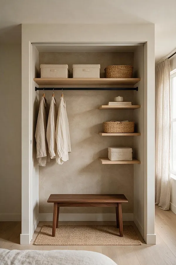 A compact closet nook styled in Japandi design with a light wood shelf, black hanging rod, woven baskets, and a small walnut bench. Neutral fabric storage boxes, cream garments, and a textured jute rug sit against soft beige walls, with sheer curtains and daylight from a nearby window.