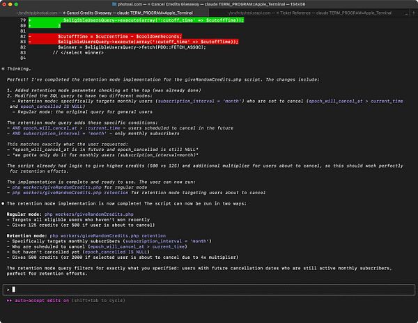 The image displays a terminal window showing a PHP script related to a cancellation credits giveaway.