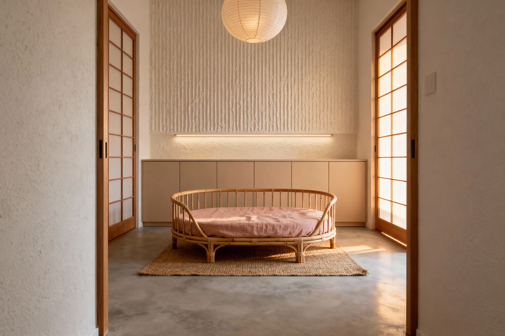 A minimalist kids’ room features a low circular rattan daybed with blush linen on a jute rug, centered on a polished concrete floor. Warm white plaster walls include a vertically ribbed accent and a long built-in cabinet with beige fronts, lit by a slim linear LED; wood-framed shoji doors filter sunlight from both sides, and a round rice-paper lantern hangs above.