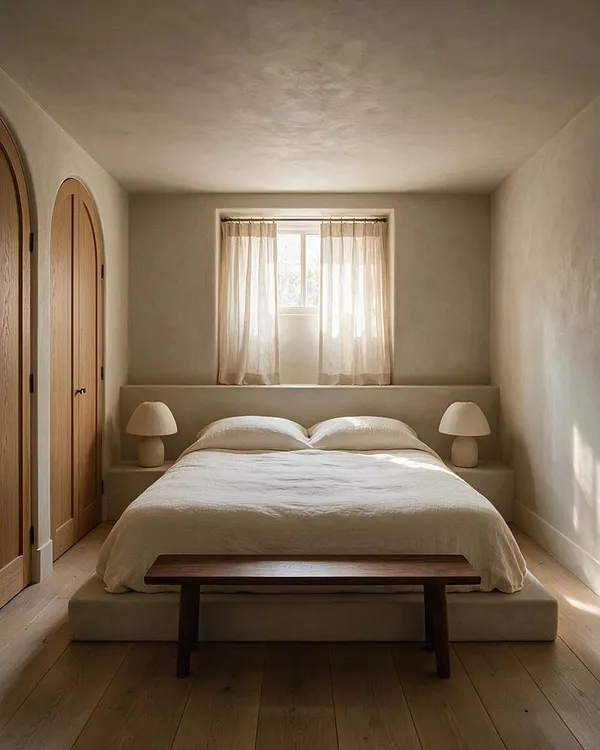A serene basement bedroom with a low upholstered bed in soft beige tones, sheer curtains over a small window, rounded wood doors, and two mushroom-shaped table lamps. A simple dark wood bench sits at the foot of the bed, while natural wood flooring and plaster walls create a warm, minimalist atmosphere.