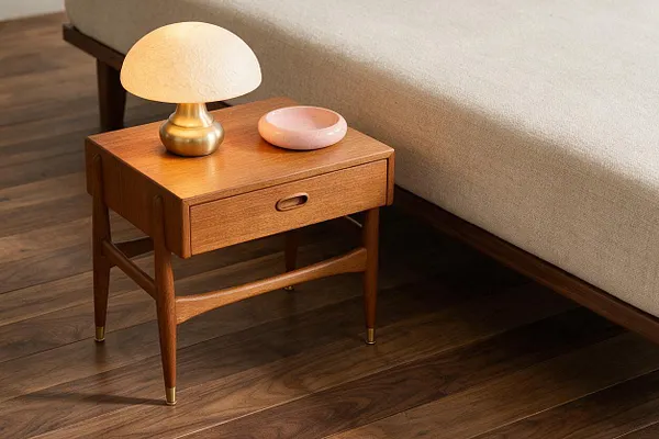 A mid-century modern bedside vignette featuring a walnut nightstand with tapered legs and a single drawer beside a beige upholstered bed. A small mushroom-shaped table lamp with a brass base and a pink dish sit on top, over dark wood flooring.