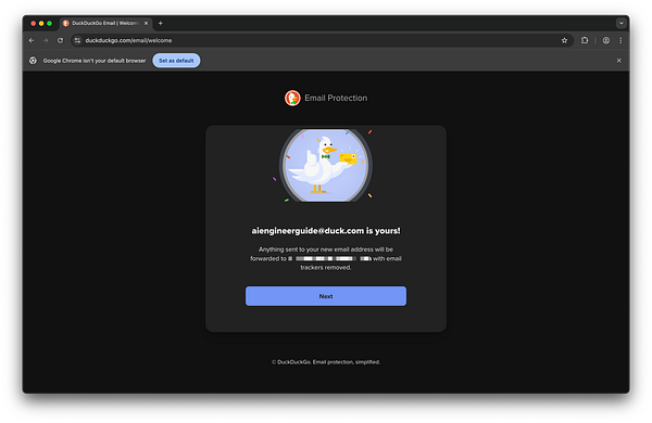 The image displays a DuckDuckGo email protection interface confirming the creation of a new email address.