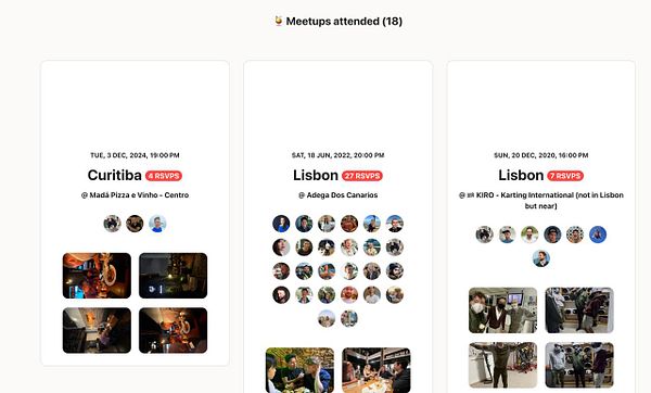 The image displays a list of attended meetups with details about each event.