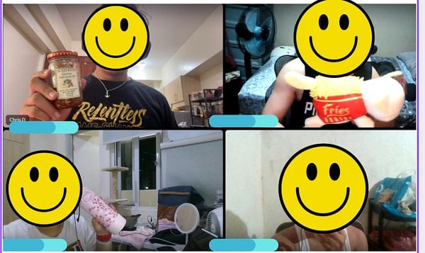 A virtual catch-up session with friends featuring playful items and smiles.