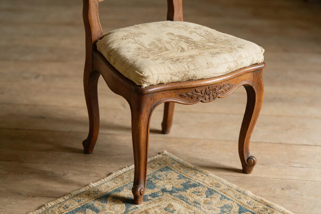 A vintage French Country chair with a carved wooden frame and curved cabriole legs, upholstered in a pale toile-pattern cushion. It sits on a light wood floor beside a muted blue-and-beige rug, with warm natural tones throughout.