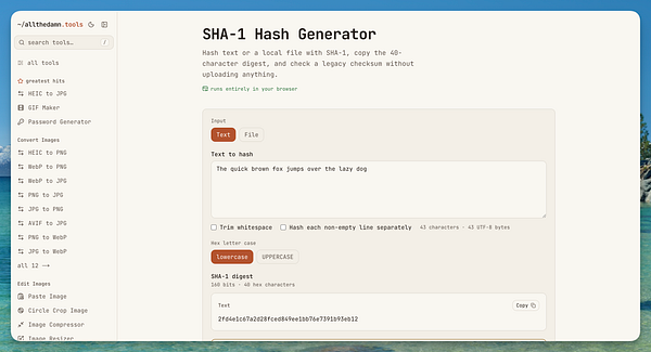 Web interface of a SHA-1 Hash Generator tool on allthedamn.tools website with input textbox and hash output.