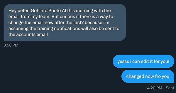 A conversation in a messaging app regarding changing an email for a Photo AI user.