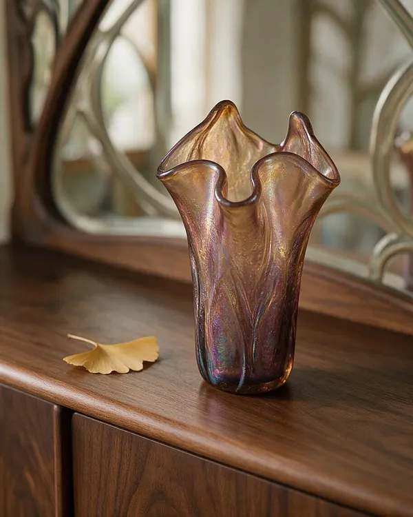 A small decorative blown glass vase with a ruffled, flower-like rim sits on a polished walnut surface. The vase has an iridescent bronze, purple, and amber finish, with a blurred mirrored background and a single gold leaf nearby.