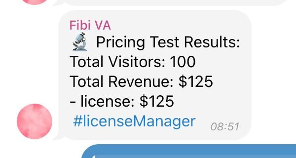 A message detailing pricing test results for a virtual assistant service.