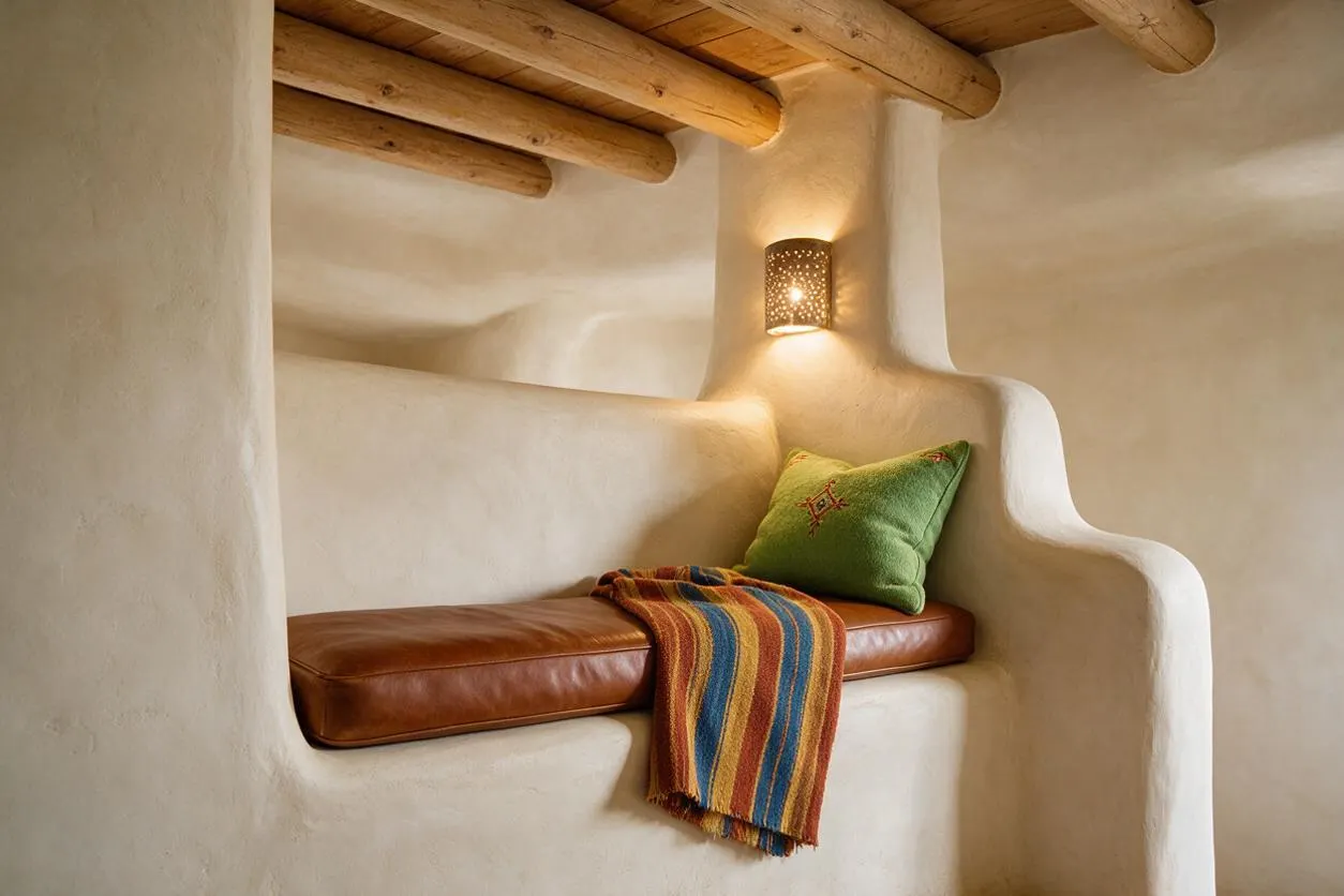 A Southwestern-style adobe alcove with smooth plaster walls and a built-in bench topped with a brown leather cushion. A green embroidered pillow and a striped woven throw add color beneath rustic wood ceiling beams and a small perforated wall sconce.