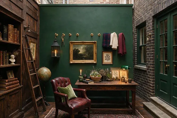 A narrow patio styled like a dark academia study, with deep green walls, exposed dark brick, and a wooden bookshelf filled with old books. A leather armchair, desk with candles and plants, framed art, a lantern, and a ladder create a cozy scholarly atmosphere beside green-painted doors.