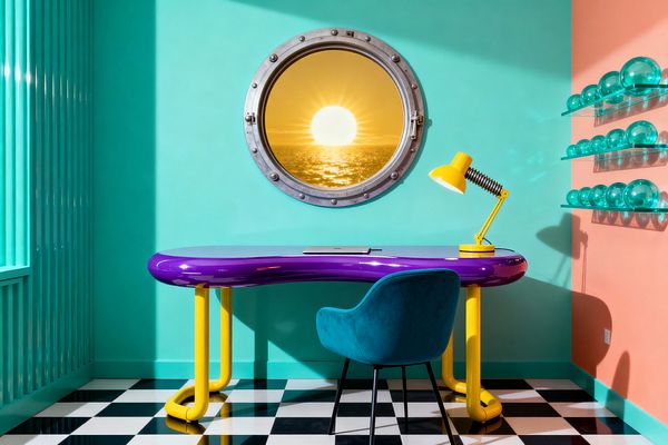 A Pop Art home office with turquoise walls and a peach accent corner features a glossy, wavy purple desk on yellow tubular legs and a teal velvet chair over a black-and-white checkerboard tile floor. A bright yellow task lamp sits on the desk. A round porthole window with golden-tinted glass frames a sunlit seascape. To the right, two glass shelves display rows of aqua glass spheres; ribbed wall panels appear on the left.