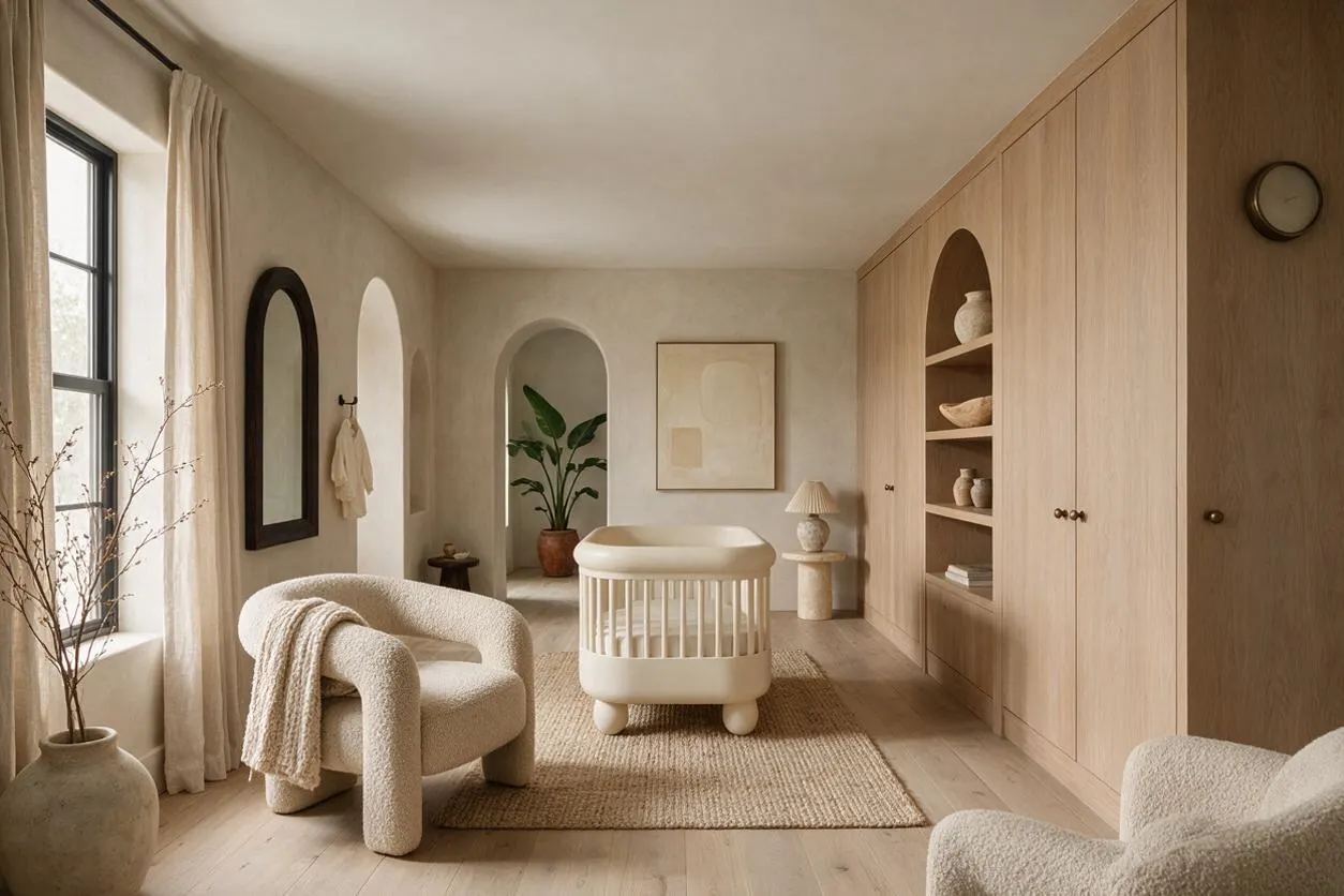 A serene nursery with a cream crib centered on a woven rug, flanked by plush boucle lounge chairs and pale wood built-in cabinetry. Soft beige walls, arched niches, linen drapes, and simple decor create a calm, organic modern atmosphere.