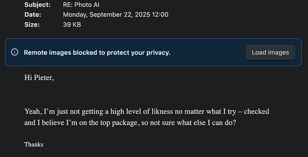 The image displays an email conversation regarding issues with a photo AI service.