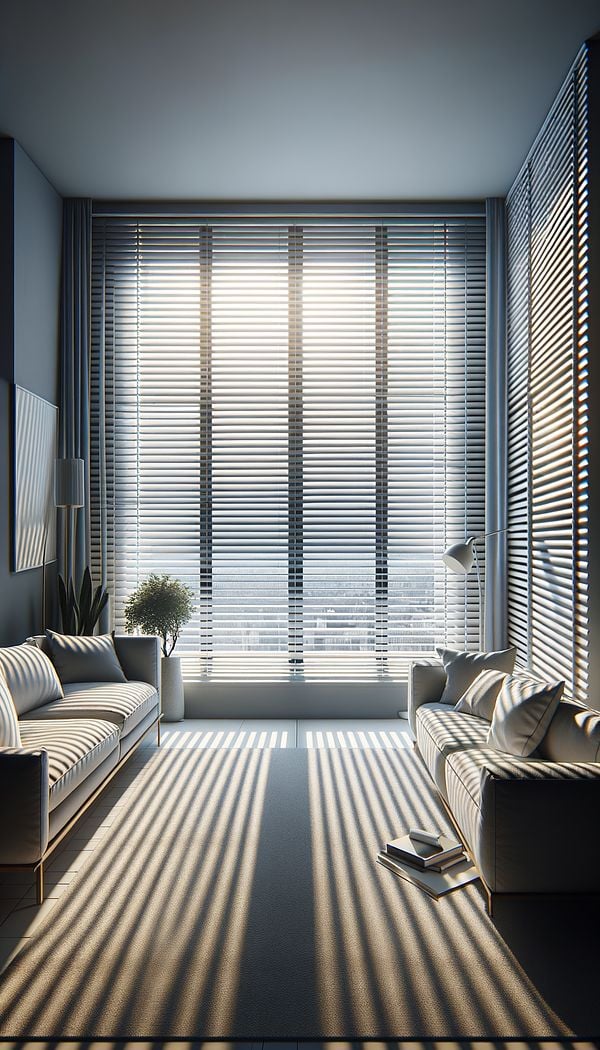 A window with white Venetian blinds partially open, letting soft light into a modern living room.