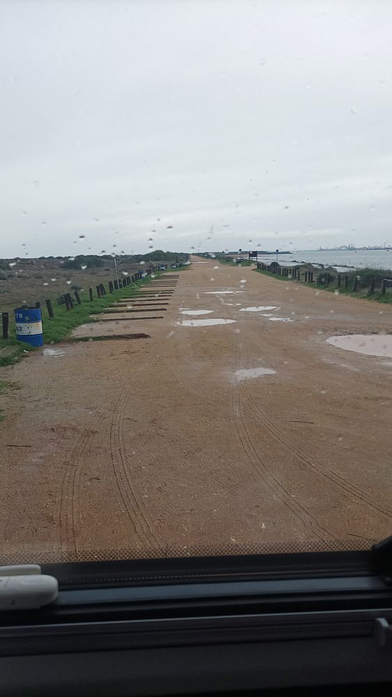 A dirt road leading towards a body of water in Las Marismas, Huelva, under a cloudy sky.