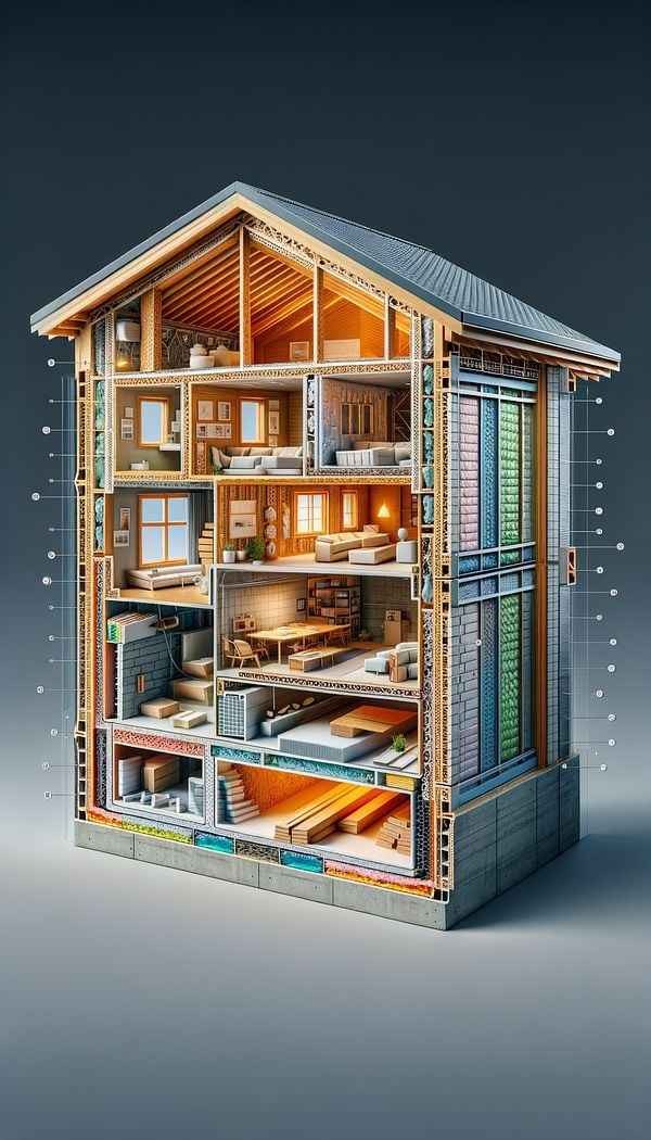 A cross-section of a building showing the different components of the building envelope, including the roof, walls, windows, and doors.