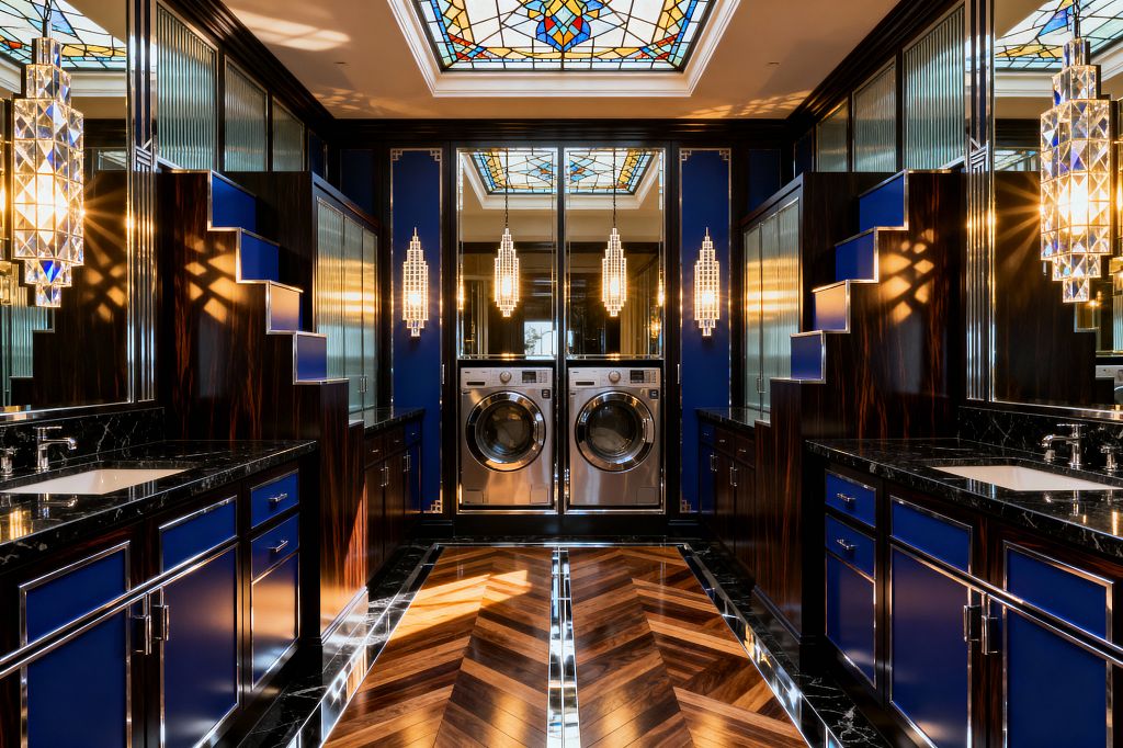 Symmetrical Art Deco laundry room with cobalt blue cabinetry, black marble countertops, and dark wood paneling flanking a central stainless washer and dryer. Crystal skyscraper pendants and geometric sconces glow against mirrored panels, while reeded glass doors and chrome-trimmed edges emphasize stepped profiles. A chevron walnut floor with metal inlays is framed by black marble borders, and stained-glass ceiling skylights bathe the space in warm, patterned light.