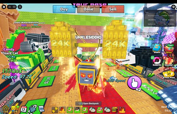 Roblox gameplay scene showing a blue sports car in a parking lot with buildings and landscape in the background.