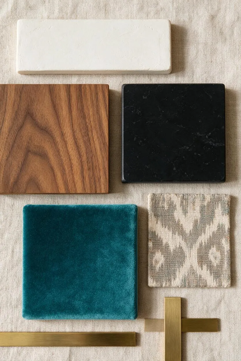 A flat lay of interior material samples arranged on a neutral woven fabric background. The selection includes a white plaster-like tile, a warm wood veneer square, a black stone sample, a teal velvet swatch, a pale patterned textile, and brass metal bars.
