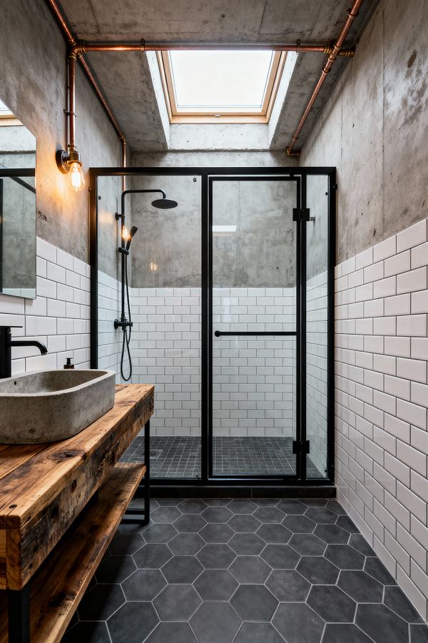 Industrial bathroom with raw concrete walls and ceiling under a skylight, featuring exposed copper pipes and an Edison bulb sconce. A black steel–framed glass shower sits at the back, lined with white subway tiles and gray grout, with a matte-black rain showerhead and handheld over a dark mosaic floor. The main floor is charcoal hexagon tile. On the left, a reclaimed-wood vanity holds a cast-concrete vessel sink with a black faucet and a simple mirror.