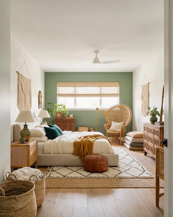 A bright master bedroom styled in bohemian decor, featuring a low upholstered bed with layered neutral bedding, teal pillows, and a mustard throw. The room includes rattan and carved wood furniture, woven wall hangings, a sage green accent wall, a natural fiber rug, and a wicker chair near a window with woven shades.