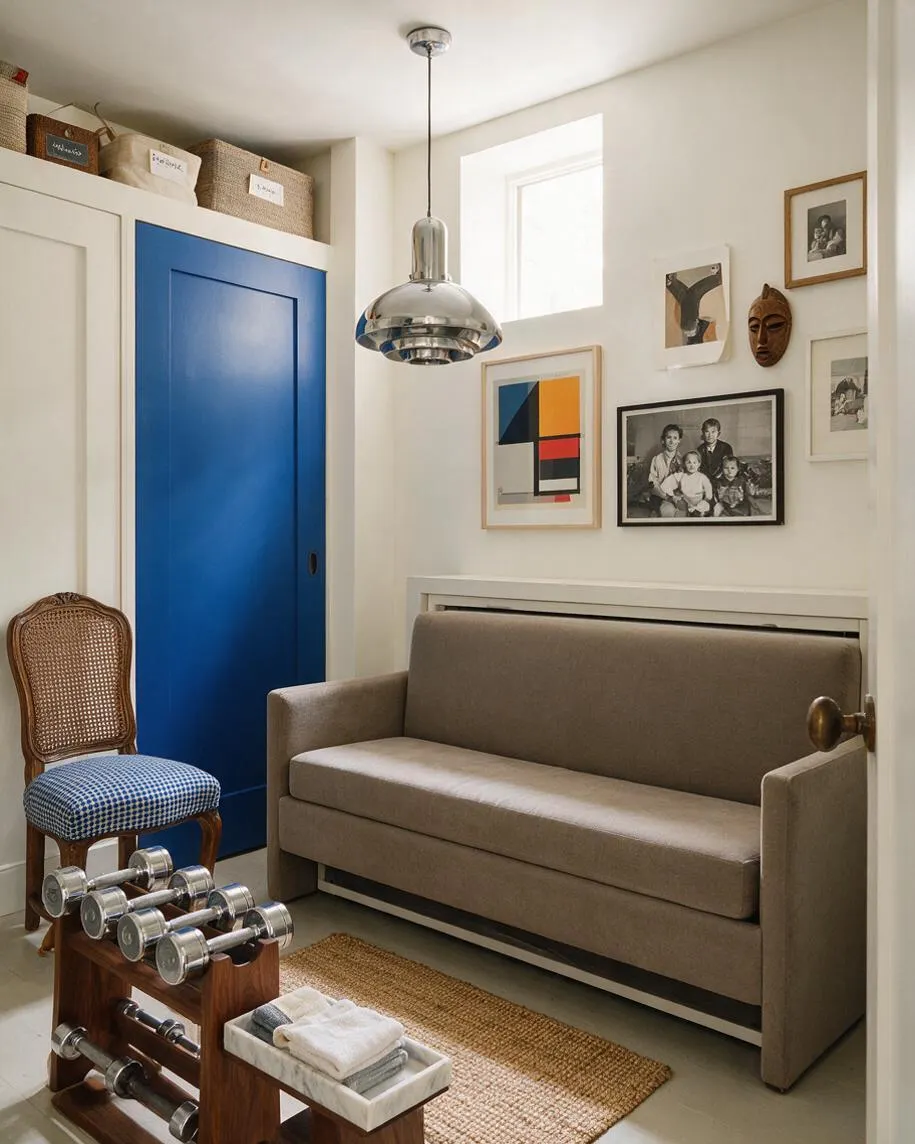 A compact home gym doubles as a stylish sitting area, with a taupe sofa, a blue sliding door, a cane-back chair with a patterned seat, and a wooden dumbbell rack in the foreground. Framed artwork, a chrome pendant light, woven storage baskets, and a natural jute rug add eclectic character against white walls.