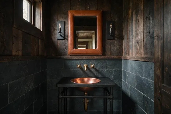 A compact powder room with dark wood plank walls, slate half-walls, and a centered copper-framed mirror above a copper vessel sink. Black wall sconces flank the mirror, and a slim dark console stand supports the sink, creating a warm, rustic, lodge-like feel.