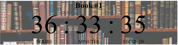 A countdown timer for a writing project is displayed over a background of bookshelves filled with various books.