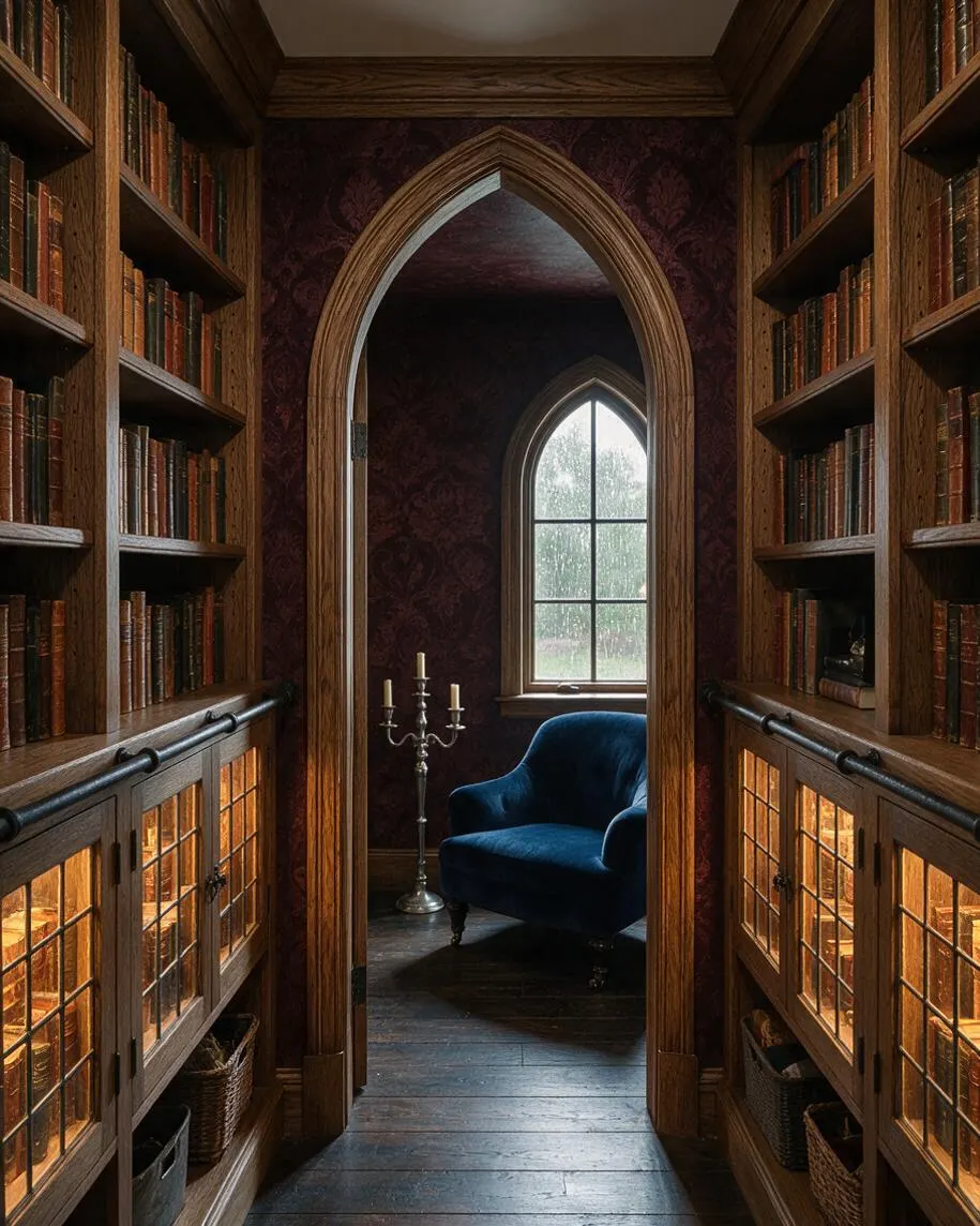A narrow Gothic-style basement library with tall wooden bookcases lining both sides of a dark hallway. An arched doorway frames a velvet blue armchair, a silver candelabra, and a pointed-arch window, with warm cabinet lighting glowing beneath the shelves.