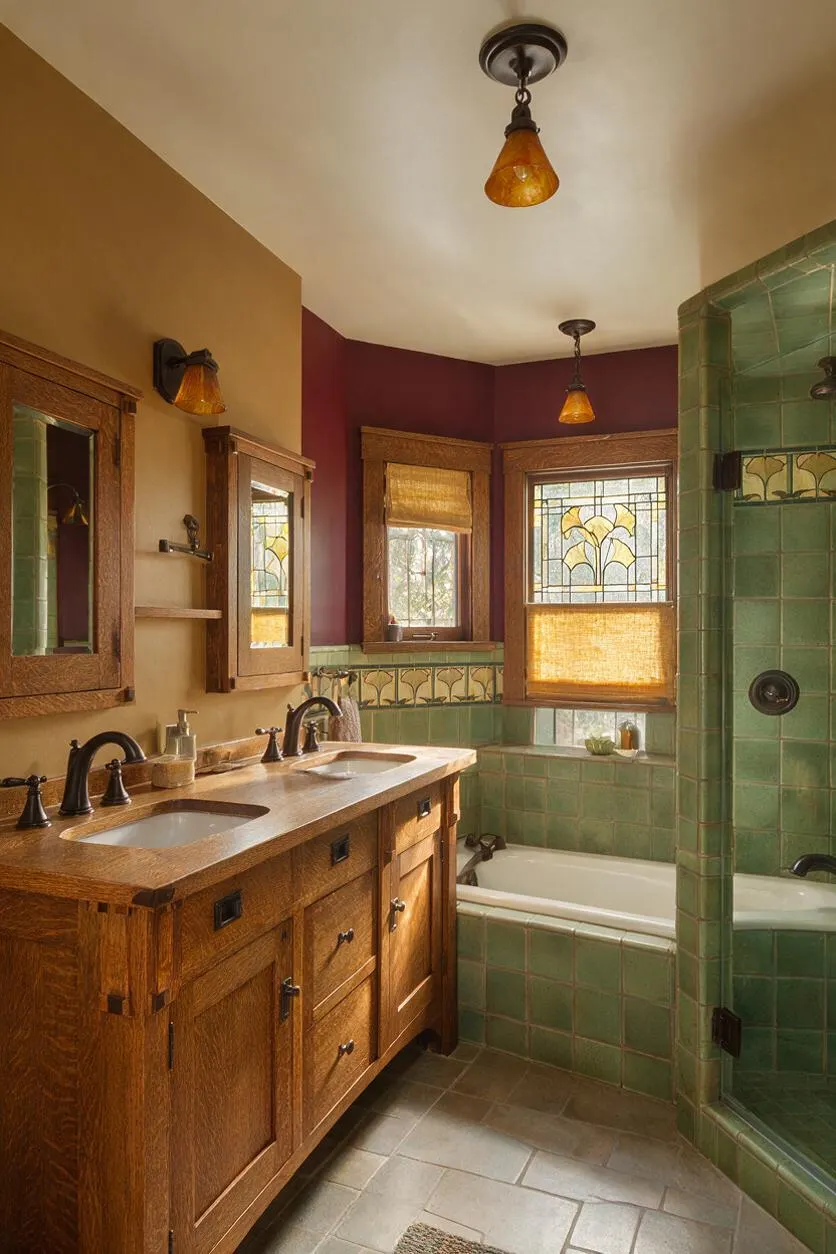 A Craftsman-style master bathroom with a double wood vanity, amber glass light fixtures, and green tiled bathtub and shower surround. Stained-glass windows, rich burgundy walls, and warm natural finishes create a cozy, handcrafted feel.